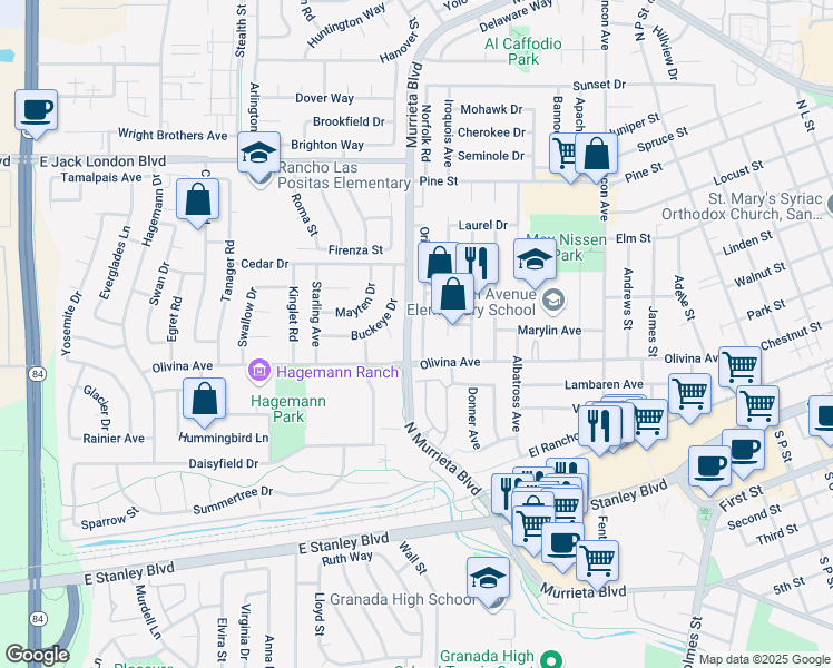 map of restaurants, bars, coffee shops, grocery stores, and more near 462 Oriole Avenue in Livermore