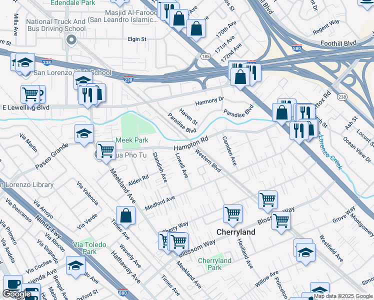 map of restaurants, bars, coffee shops, grocery stores, and more near 449 Hampton Road in Hayward