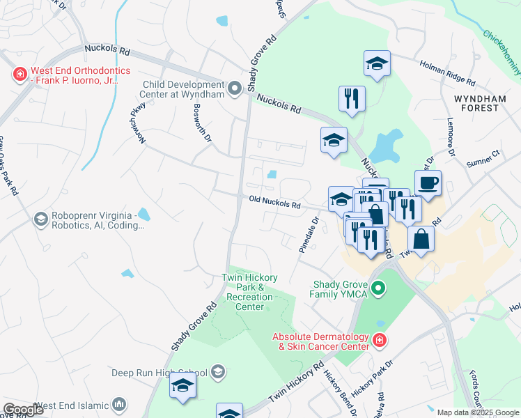 map of restaurants, bars, coffee shops, grocery stores, and more near 1640 New Haven Place in Glen Allen