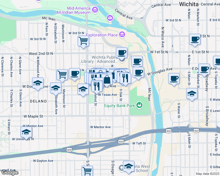 map of restaurants, bars, coffee shops, grocery stores, and more near 115 N Osage St in Wichita