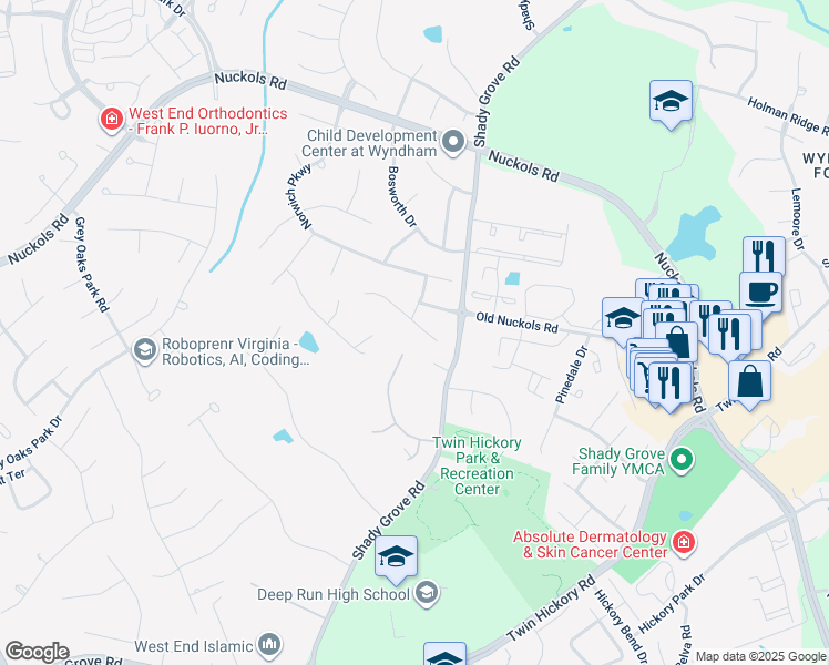 map of restaurants, bars, coffee shops, grocery stores, and more near 11717 Lincolnshire Court in Glen Allen