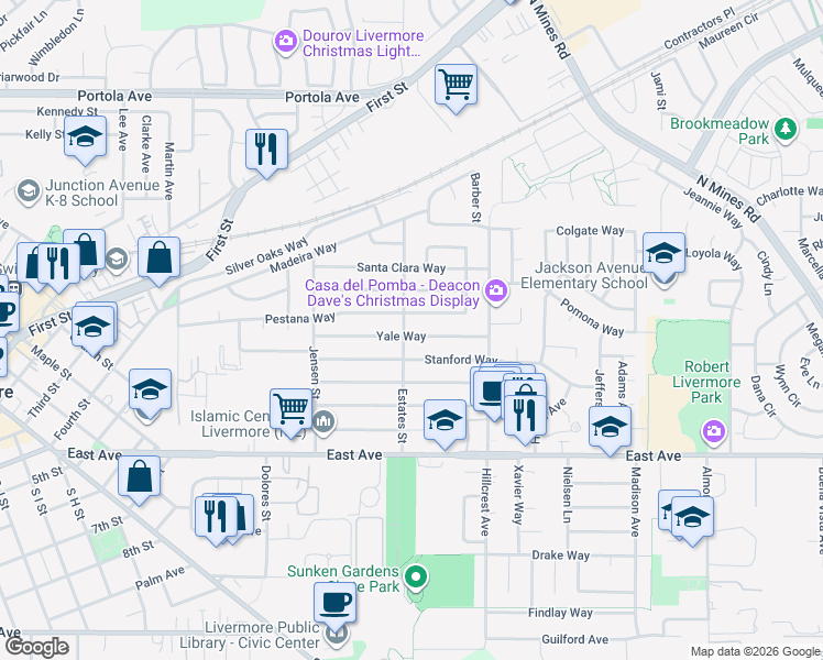 map of restaurants, bars, coffee shops, grocery stores, and more near 3912 Yale Way in Livermore