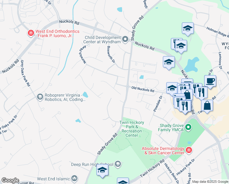 map of restaurants, bars, coffee shops, grocery stores, and more near 11717 Lincolnshire Court in Glen Allen