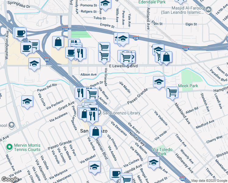 map of restaurants, bars, coffee shops, grocery stores, and more near 15833 Via Toledo in San Lorenzo