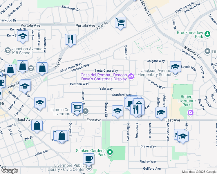 map of restaurants, bars, coffee shops, grocery stores, and more near 3912 Yale Way in Livermore