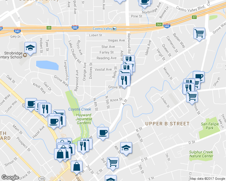 map of restaurants, bars, coffee shops, grocery stores, and more near 2242 Grove Way in Hayward