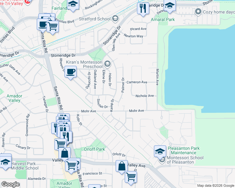 map of restaurants, bars, coffee shops, grocery stores, and more near 3625 Kamp Drive in Pleasanton