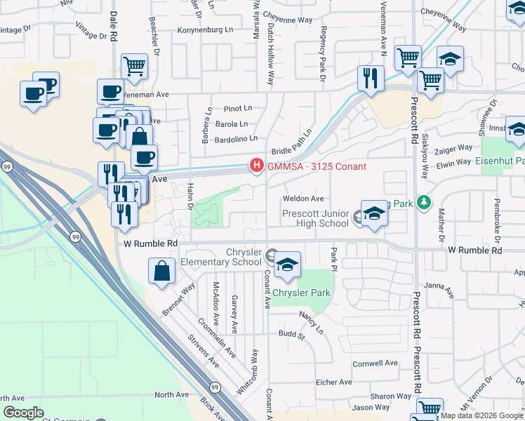 map of restaurants, bars, coffee shops, grocery stores, and more near 3109 Conant Avenue in Modesto