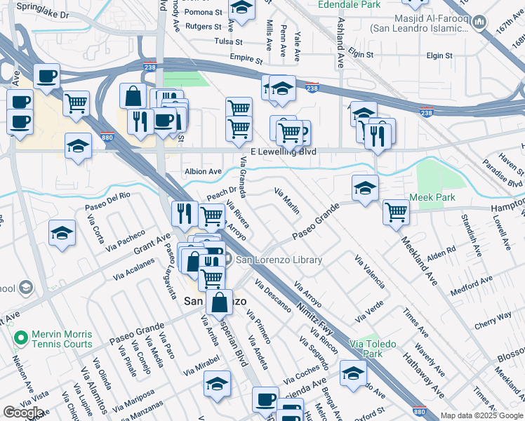 map of restaurants, bars, coffee shops, grocery stores, and more near 15833 Via Toledo in San Lorenzo