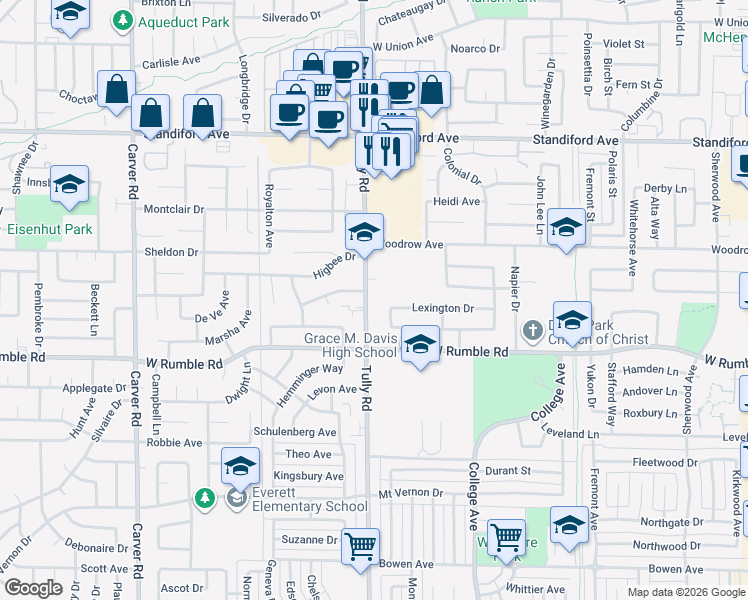 map of restaurants, bars, coffee shops, grocery stores, and more near 3115 Tully Road in Modesto