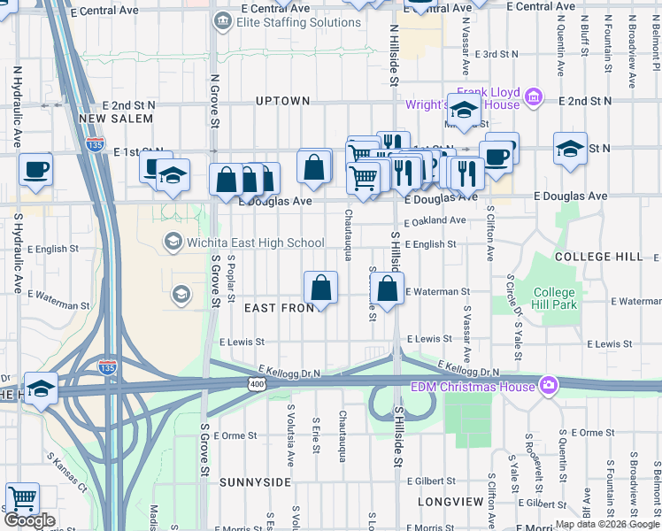 map of restaurants, bars, coffee shops, grocery stores, and more near 150 South Erie Street in Wichita
