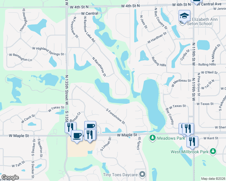 map of restaurants, bars, coffee shops, grocery stores, and more near 133 N Rainbow Lake Terrace in Wichita