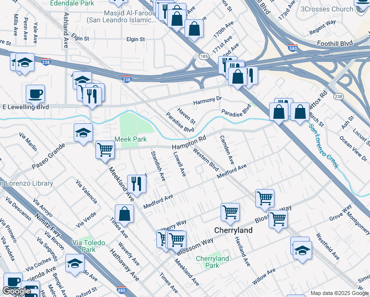 map of restaurants, bars, coffee shops, grocery stores, and more near 451 Hampton Road in Hayward