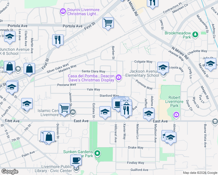 map of restaurants, bars, coffee shops, grocery stores, and more near 374 Burgess Street in Livermore