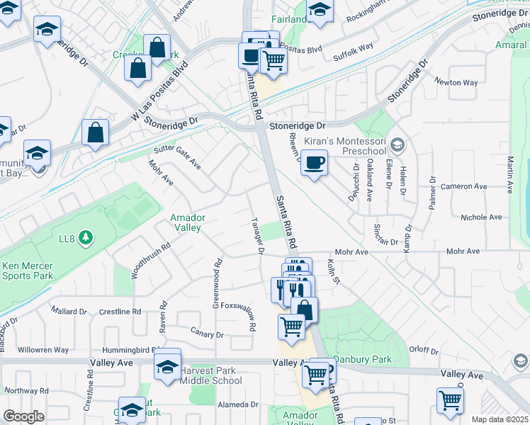 map of restaurants, bars, coffee shops, grocery stores, and more near 2451 Santa Rita Road in Pleasanton