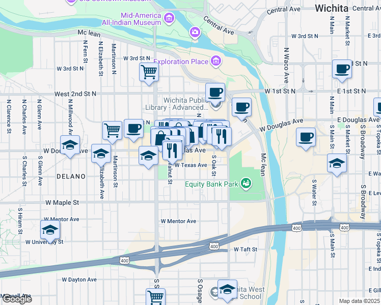 map of restaurants, bars, coffee shops, grocery stores, and more near 815 West Douglas Avenue in Wichita