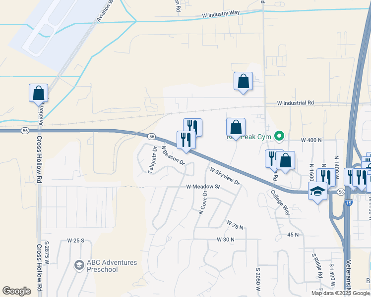 map of restaurants, bars, coffee shops, grocery stores, and more near 2390 West 400 North in Cedar City