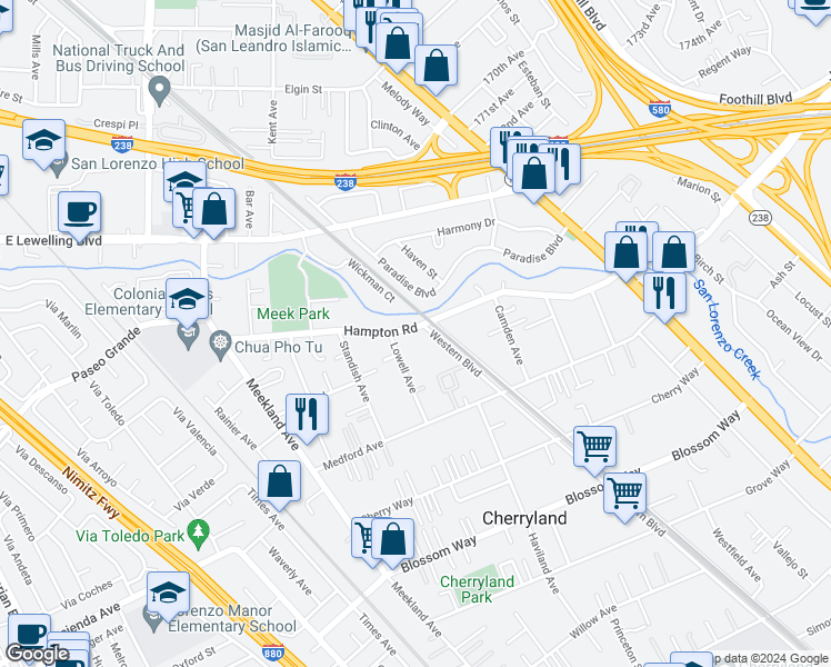 map of restaurants, bars, coffee shops, grocery stores, and more near 451 Hampton Road in Hayward
