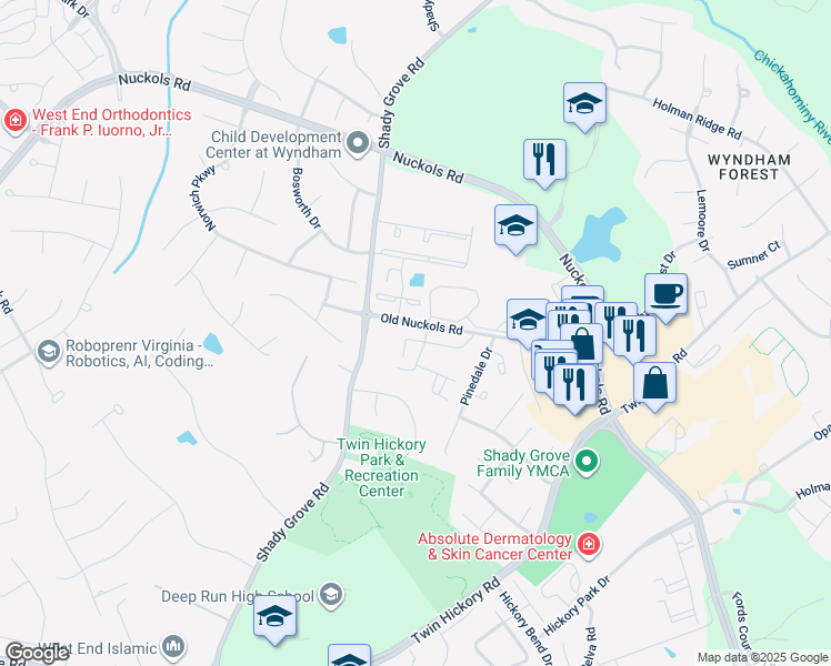 map of restaurants, bars, coffee shops, grocery stores, and more near 1604 New Haven Place in Glen Allen