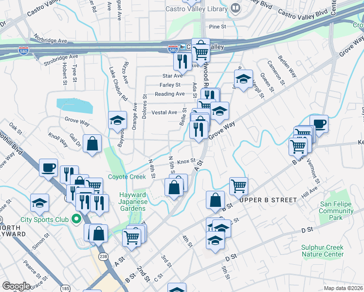 map of restaurants, bars, coffee shops, grocery stores, and more near 2275 Grove Way in Hayward