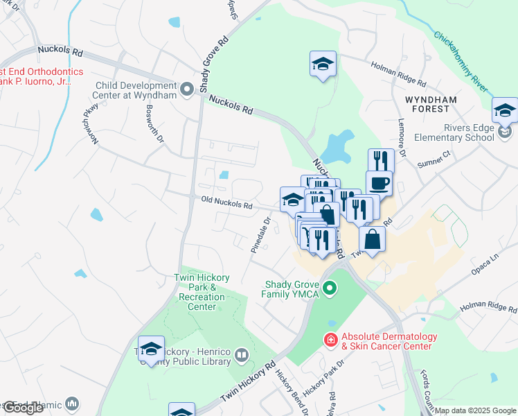 map of restaurants, bars, coffee shops, grocery stores, and more near Old Nuckols Road in Glen Allen