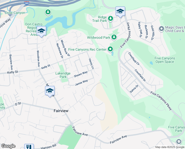 map of restaurants, bars, coffee shops, grocery stores, and more near 23215 Lori Way in Hayward