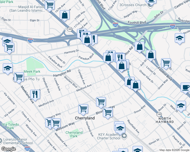 map of restaurants, bars, coffee shops, grocery stores, and more near 20252 Concord Avenue in Hayward