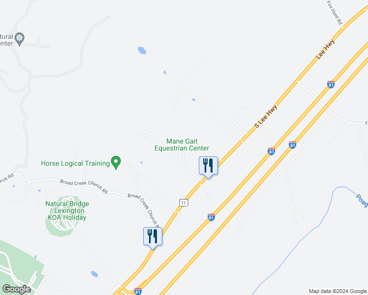 map of restaurants, bars, coffee shops, grocery stores, and more near 100 Equus Loop in Natural Bridge