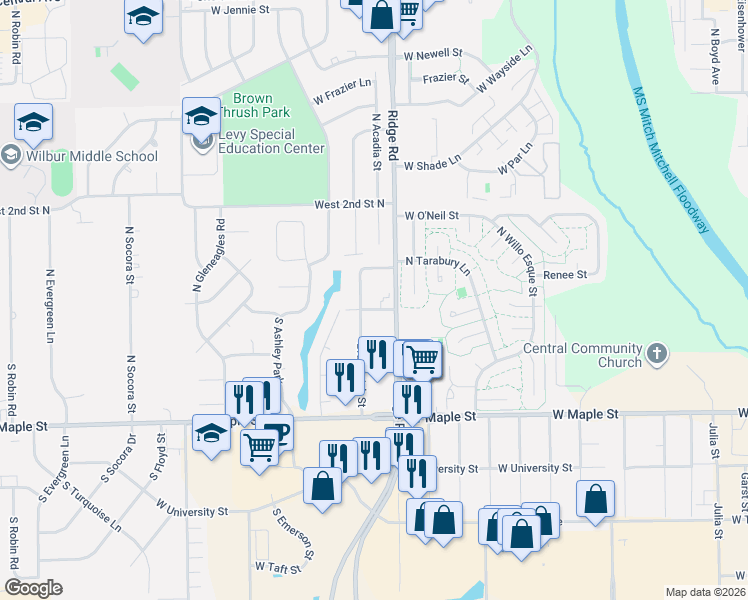 map of restaurants, bars, coffee shops, grocery stores, and more near 7205 West 1st Street North in Wichita