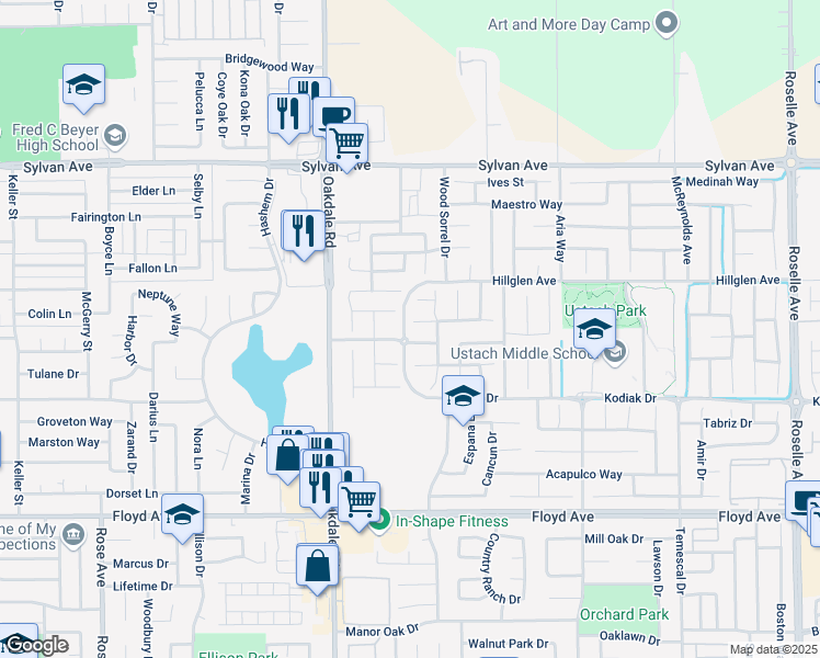 map of restaurants, bars, coffee shops, grocery stores, and more near 2300 Kaslin Drive in Modesto