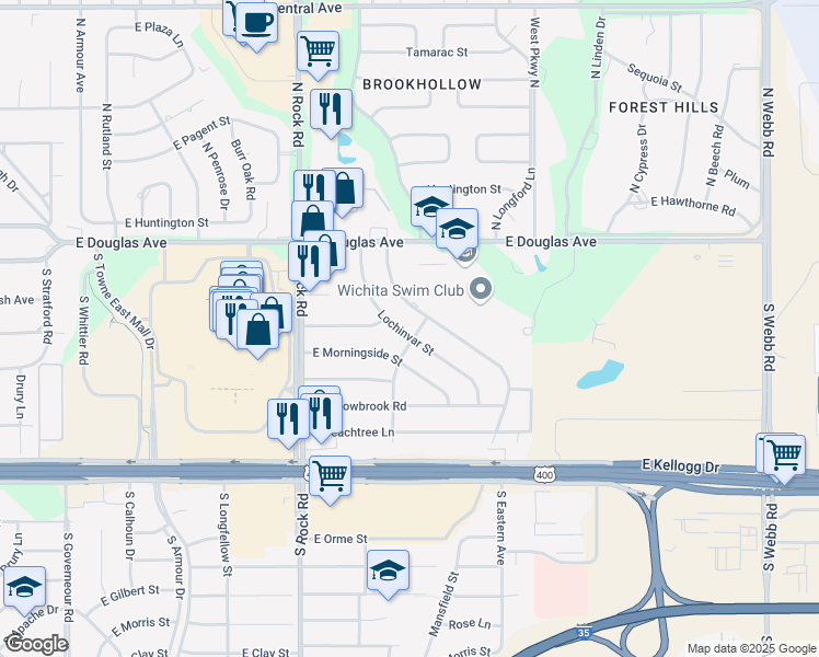 map of restaurants, bars, coffee shops, grocery stores, and more near 162 Lochinvar Street in Wichita