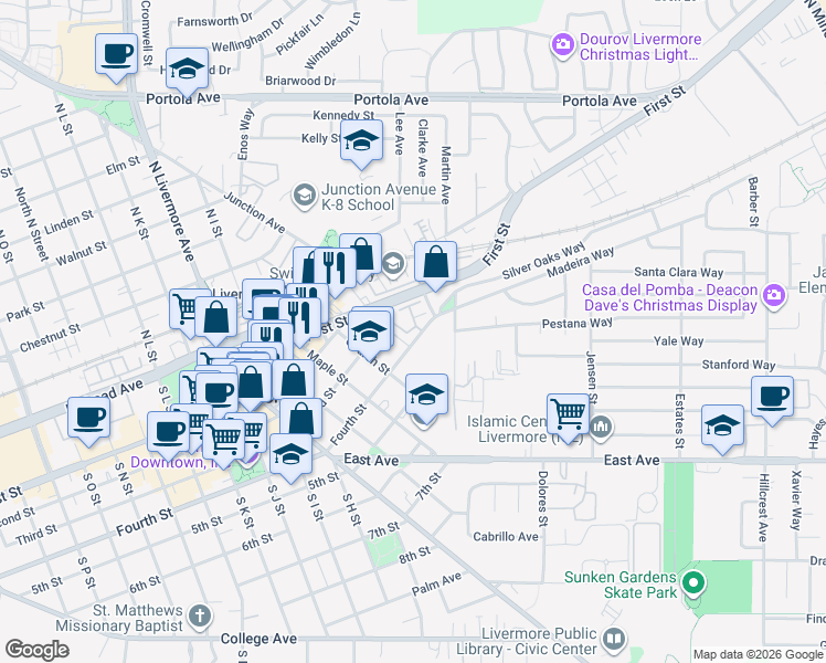 map of restaurants, bars, coffee shops, grocery stores, and more near in Livermore