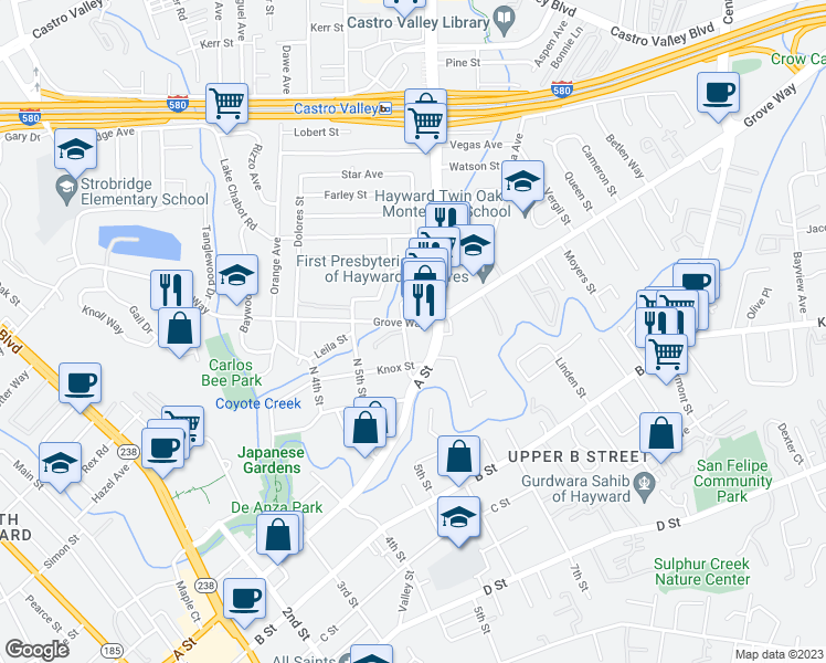 map of restaurants, bars, coffee shops, grocery stores, and more near 22230 North 6th Street in Castro Valley