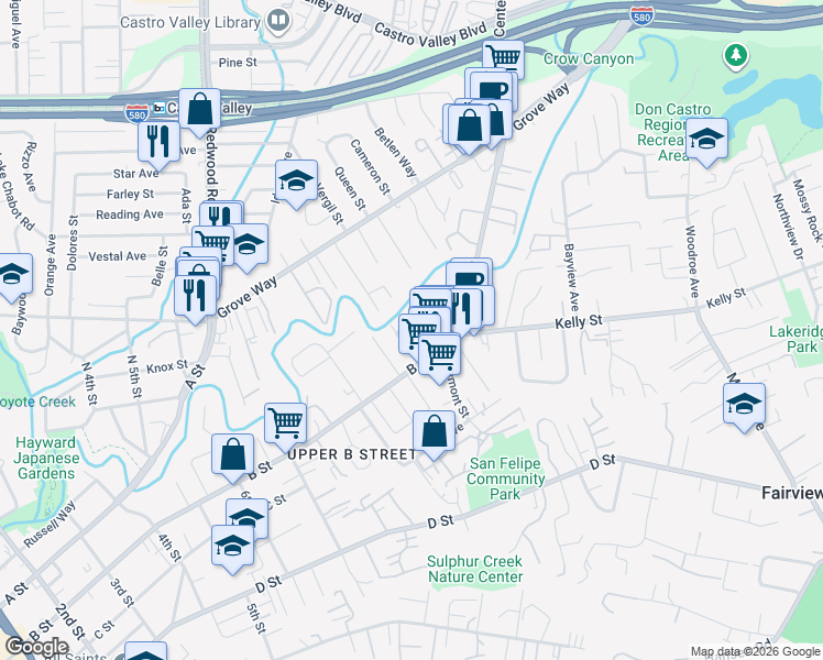 map of restaurants, bars, coffee shops, grocery stores, and more near 1960 Wingate Way in Hayward