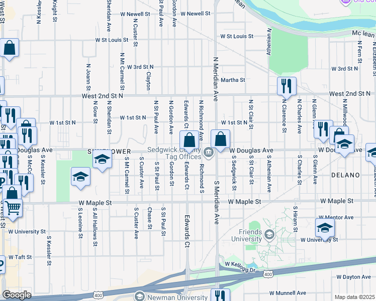 map of restaurants, bars, coffee shops, grocery stores, and more near 119 North Edwards in Wichita