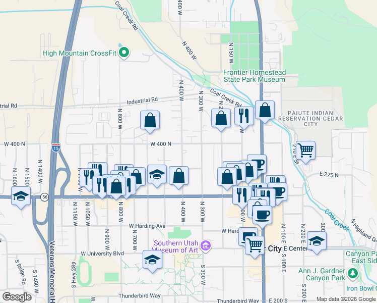 map of restaurants, bars, coffee shops, grocery stores, and more near 414 North 400 West in Cedar City