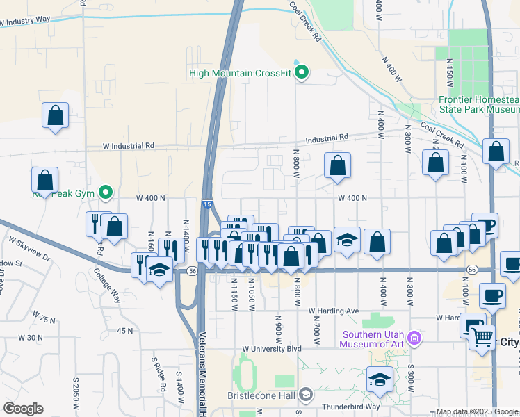 map of restaurants, bars, coffee shops, grocery stores, and more near 1000 West 400 North in Cedar City