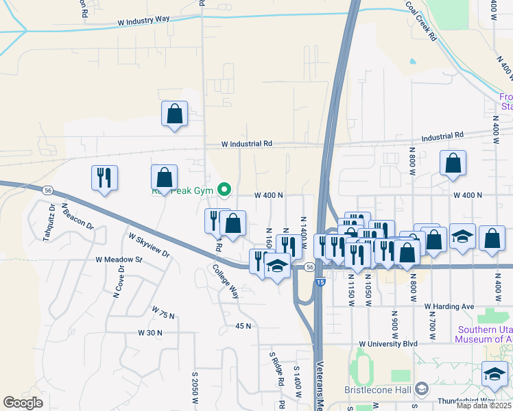 map of restaurants, bars, coffee shops, grocery stores, and more near 1647 West 400 North in Cedar City