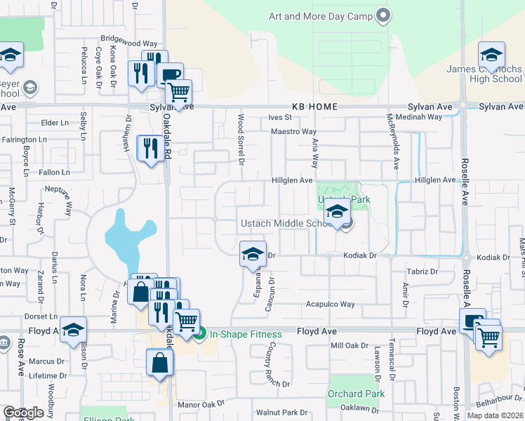 map of restaurants, bars, coffee shops, grocery stores, and more near 3208 Coville Court in Modesto