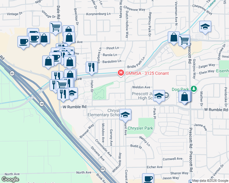 map of restaurants, bars, coffee shops, grocery stores, and more near 3109 Conant Avenue in Modesto