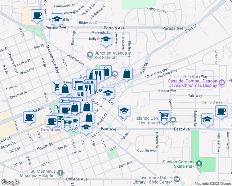 map of restaurants, bars, coffee shops, grocery stores, and more near in Livermore