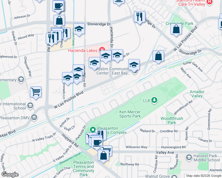 map of restaurants, bars, coffee shops, grocery stores, and more near 1969 Barcenilla Lane in Pleasanton