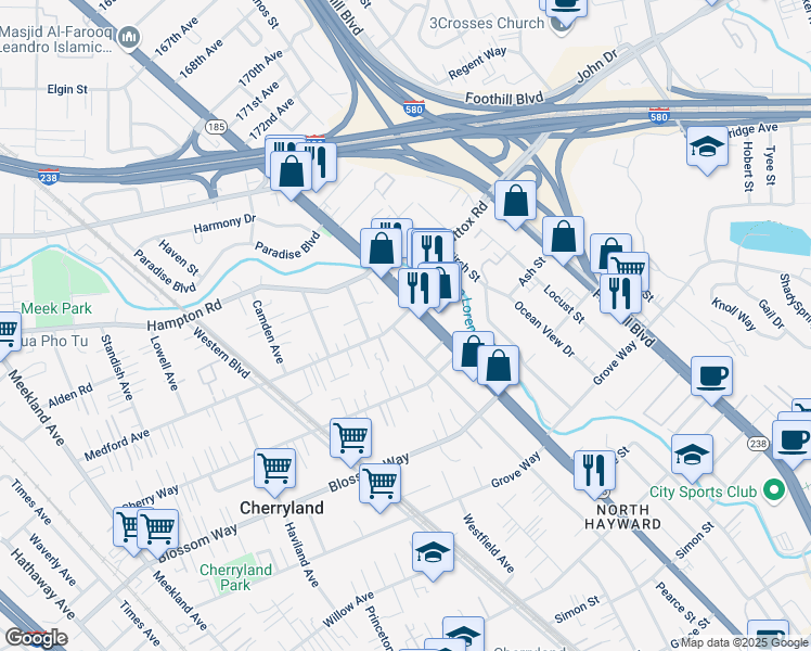 map of restaurants, bars, coffee shops, grocery stores, and more near 20613 Mission Boulevard in Hayward