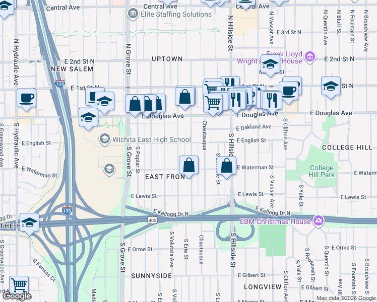 map of restaurants, bars, coffee shops, grocery stores, and more near 150 South Erie Street in Wichita