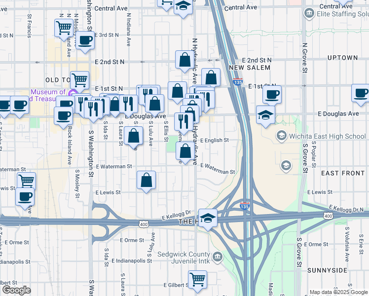 map of restaurants, bars, coffee shops, grocery stores, and more near 156 Greenwood in Wichita