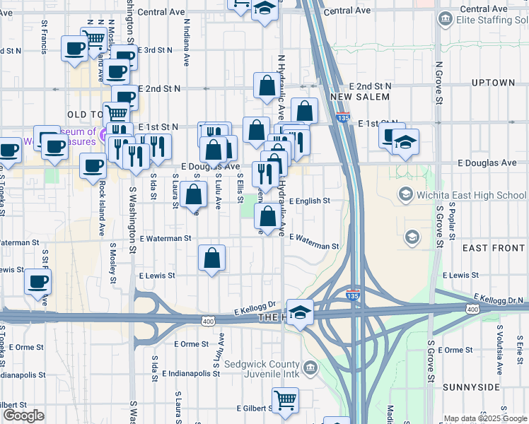 map of restaurants, bars, coffee shops, grocery stores, and more near 156 Greenwood in Wichita