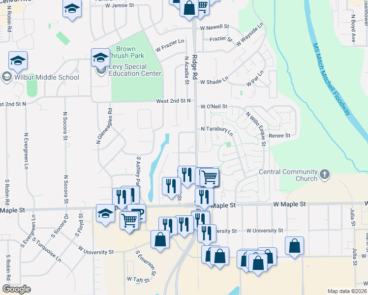 map of restaurants, bars, coffee shops, grocery stores, and more near 7205 West 1st Street North in Wichita