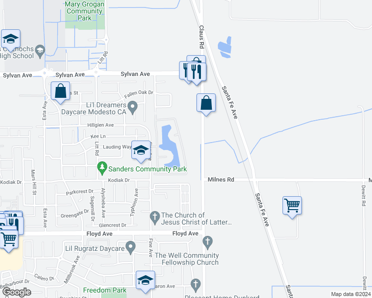 map of restaurants, bars, coffee shops, grocery stores, and more near 3112 Edgeview Drive in Modesto