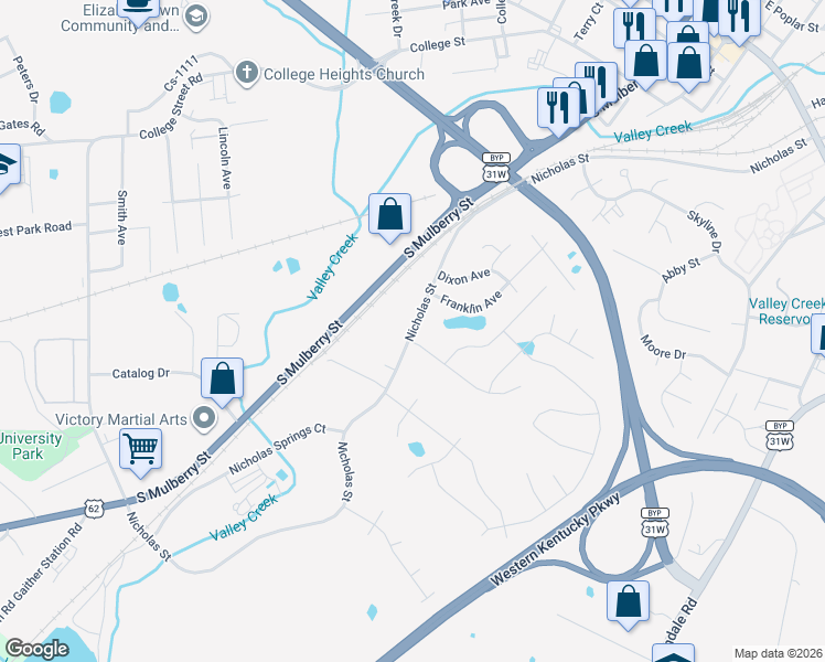 map of restaurants, bars, coffee shops, grocery stores, and more near Nicholas Street in Elizabethtown