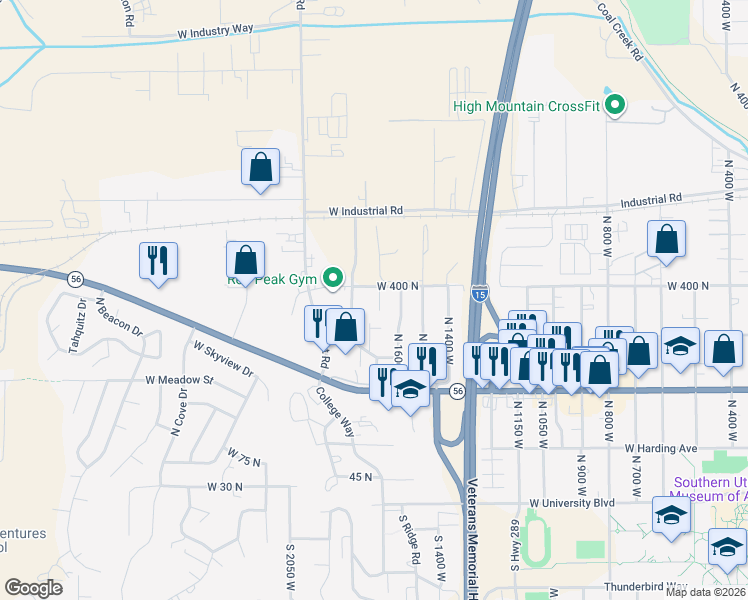 map of restaurants, bars, coffee shops, grocery stores, and more near 1647 West 400 North in Cedar City